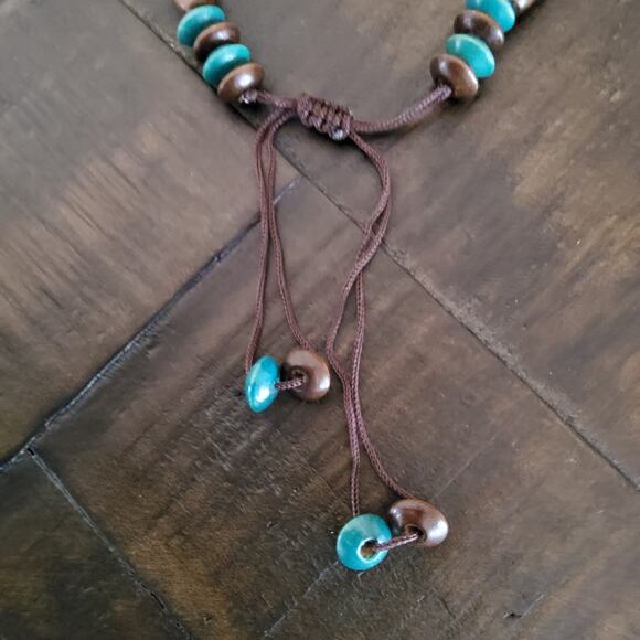 Wooden Bead Stacked Slide Bracelet Brown Turquoise - Picture 3 of 7